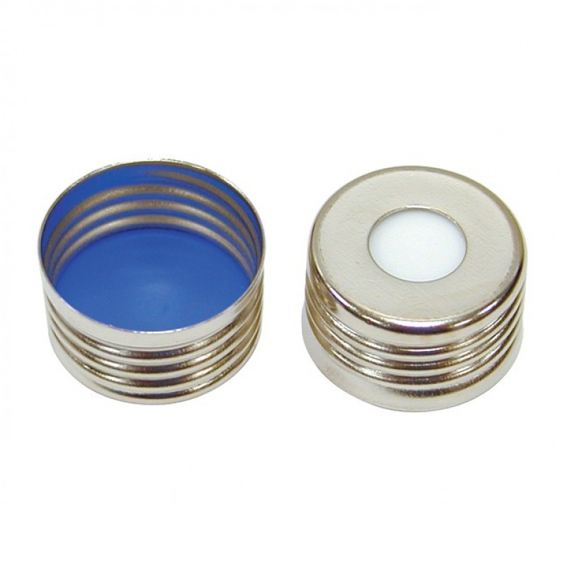 18 mm Pre-Assm Silver Screw Cap w/Sil White/PTFE Blue Septa(100/pk)